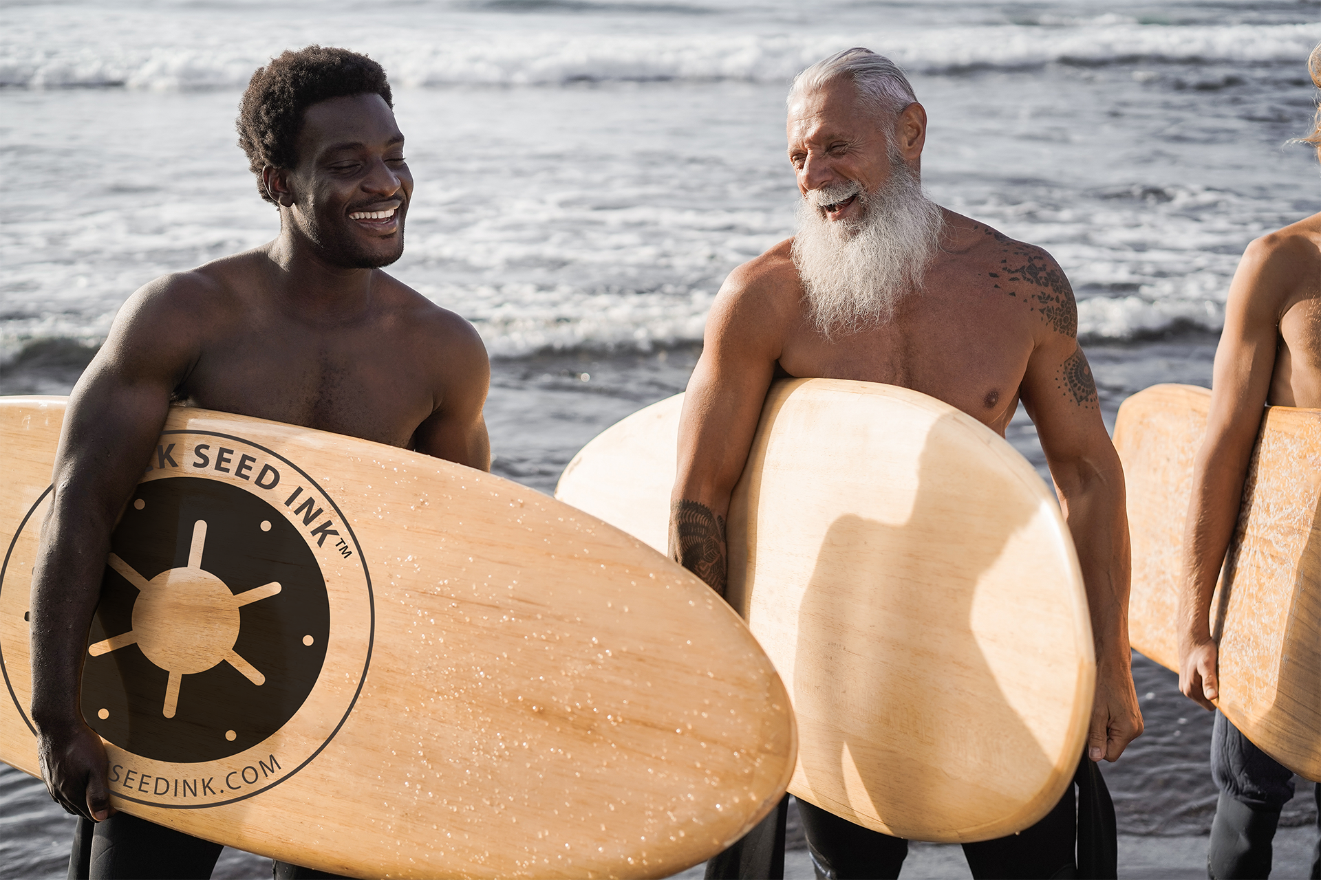 Surfer friends with Black Seed Ink surfboard