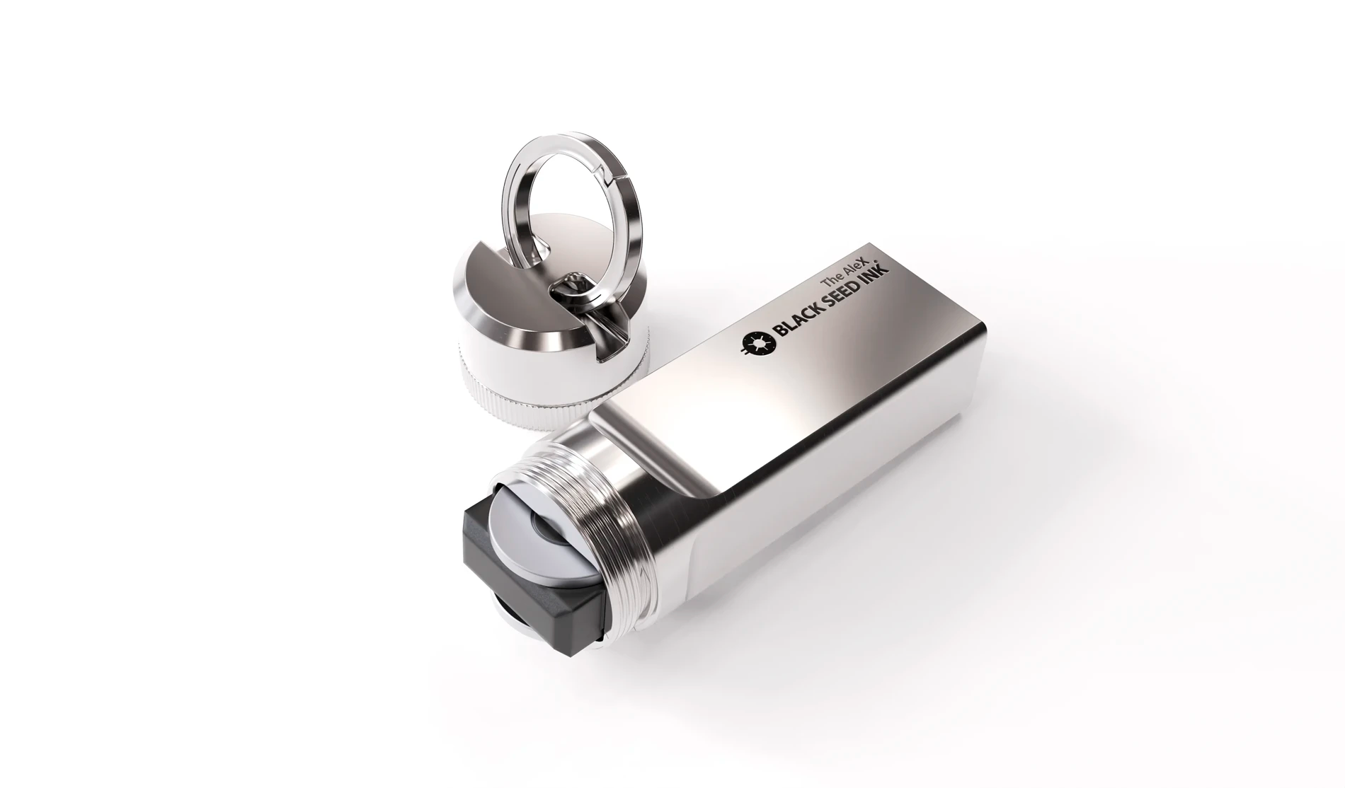 A titanium capsule by Black Seed Ink to store and transport the Ledger Nano product series.