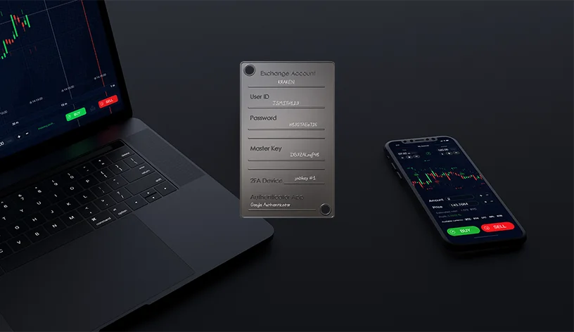 Crypto exchange on laptop and smartphone along with exchange cold wallet.
