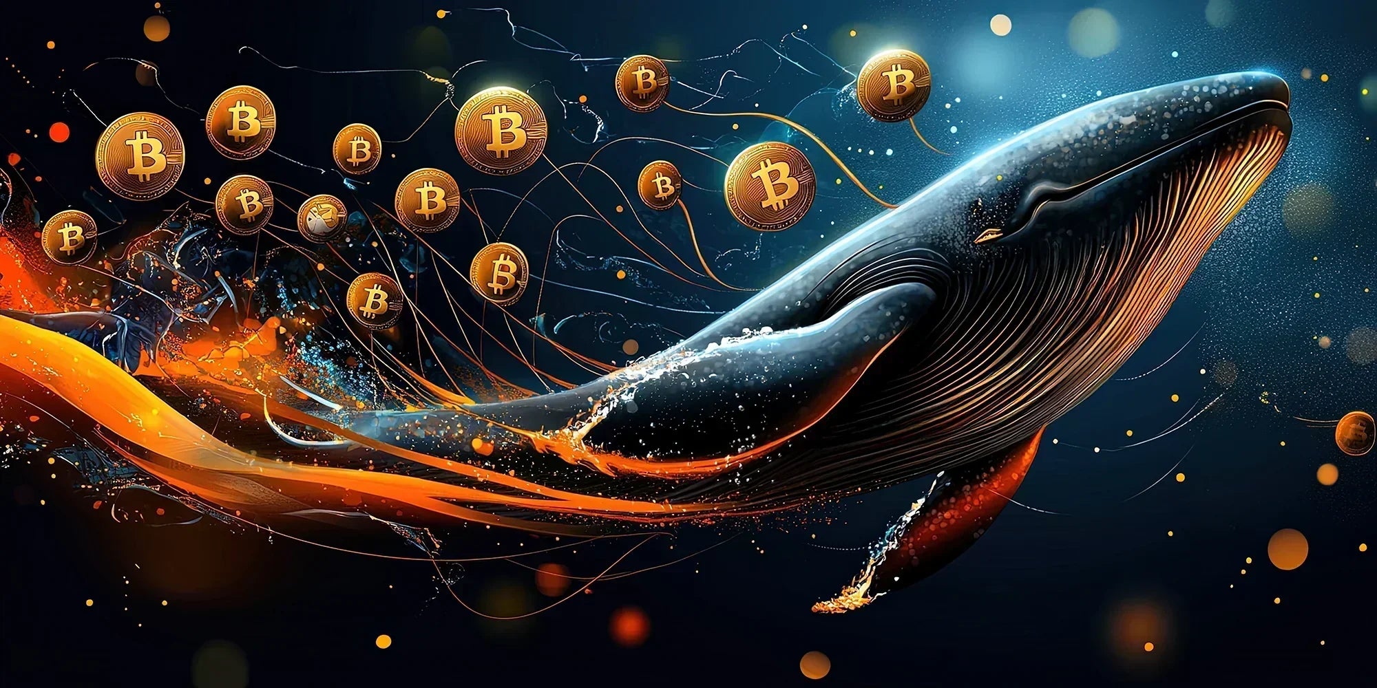Whale swimming through an ocean of Bitcoins