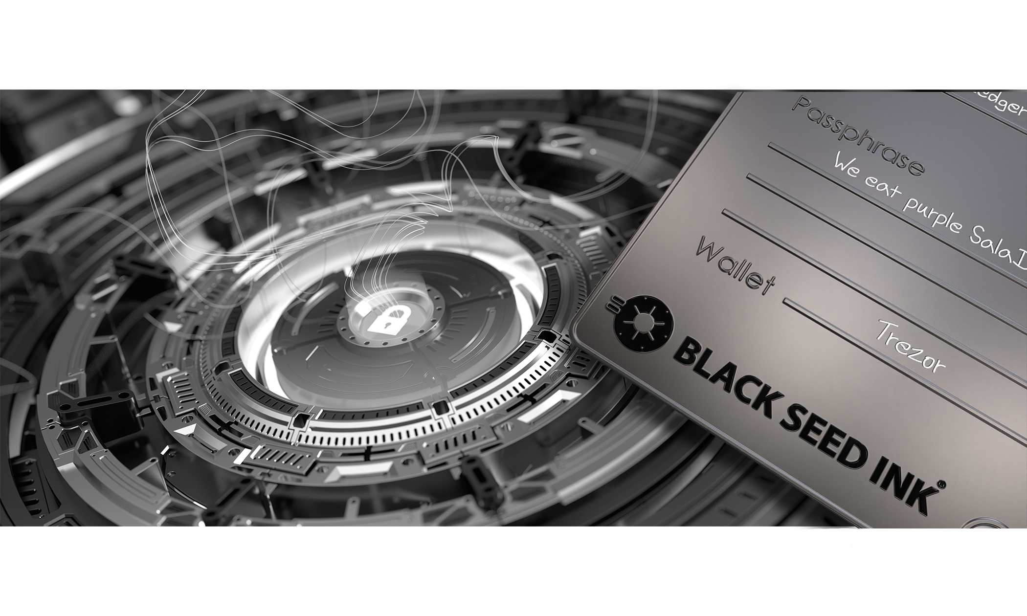 Black Seed Ink passphrase plate with scribed text.