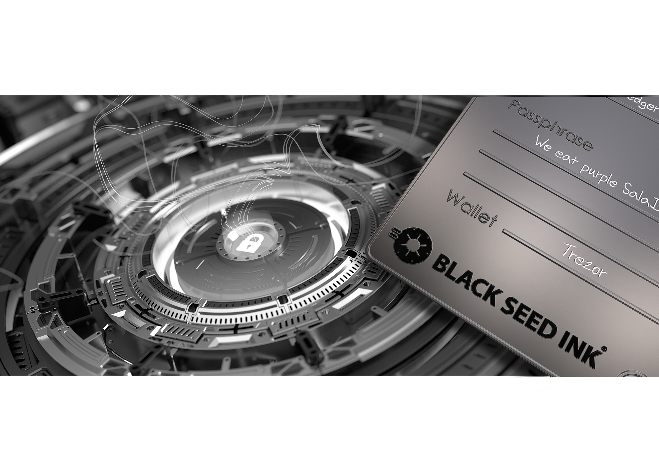 Black Seed Ink passphrase plate with scribed text.