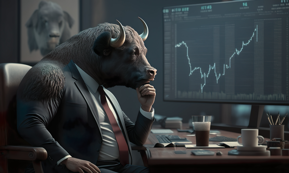 AI image of a bull dressed in a suit at a desk looking at a trading chart.