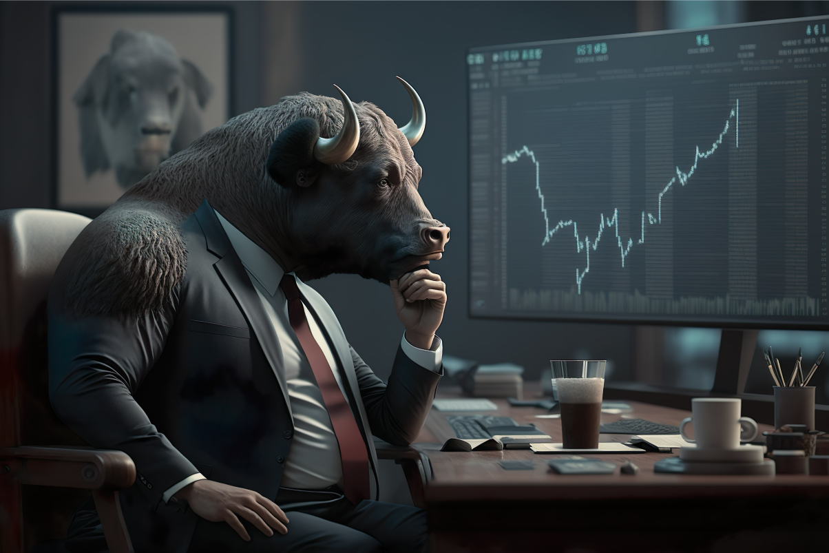 AI image of a bull dressed in a suit at a desk looking at a trading chart.