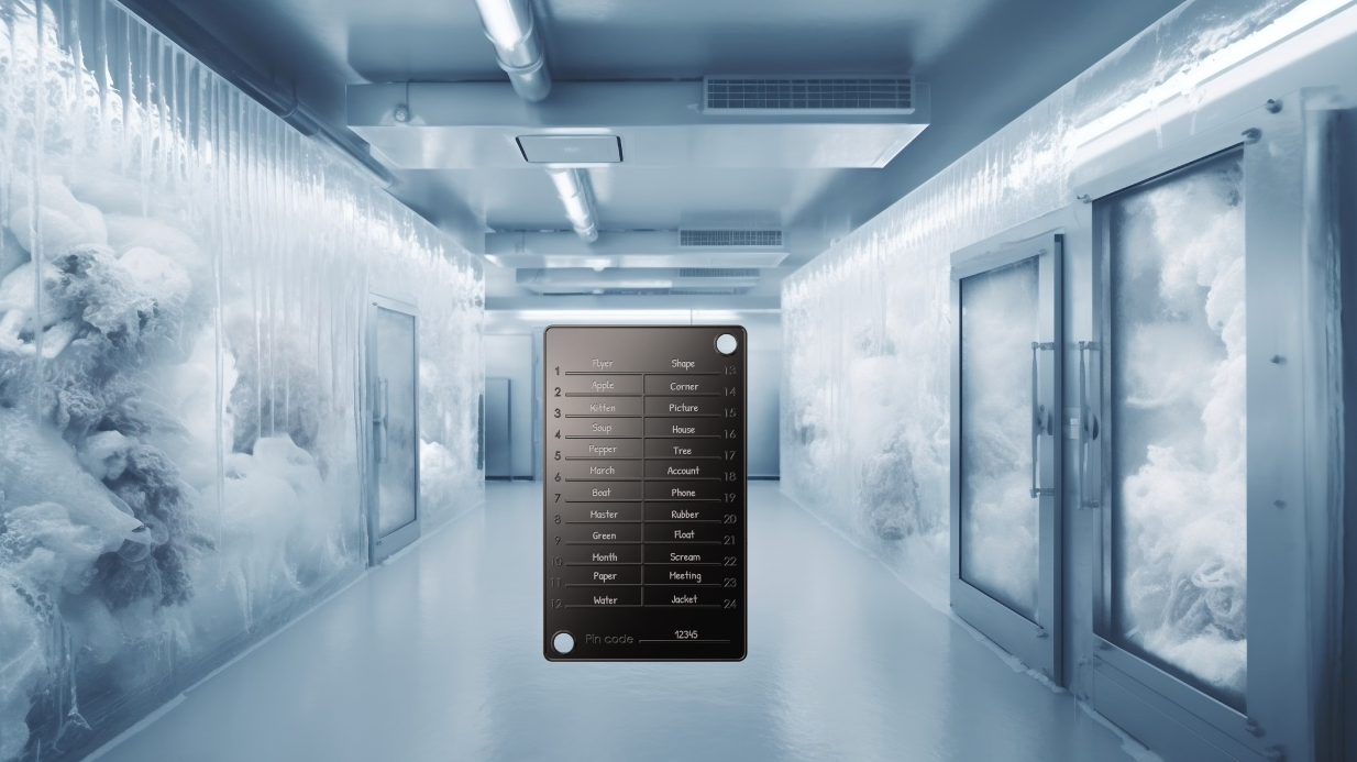 Cold storage facility with ice and fog behind the glass.