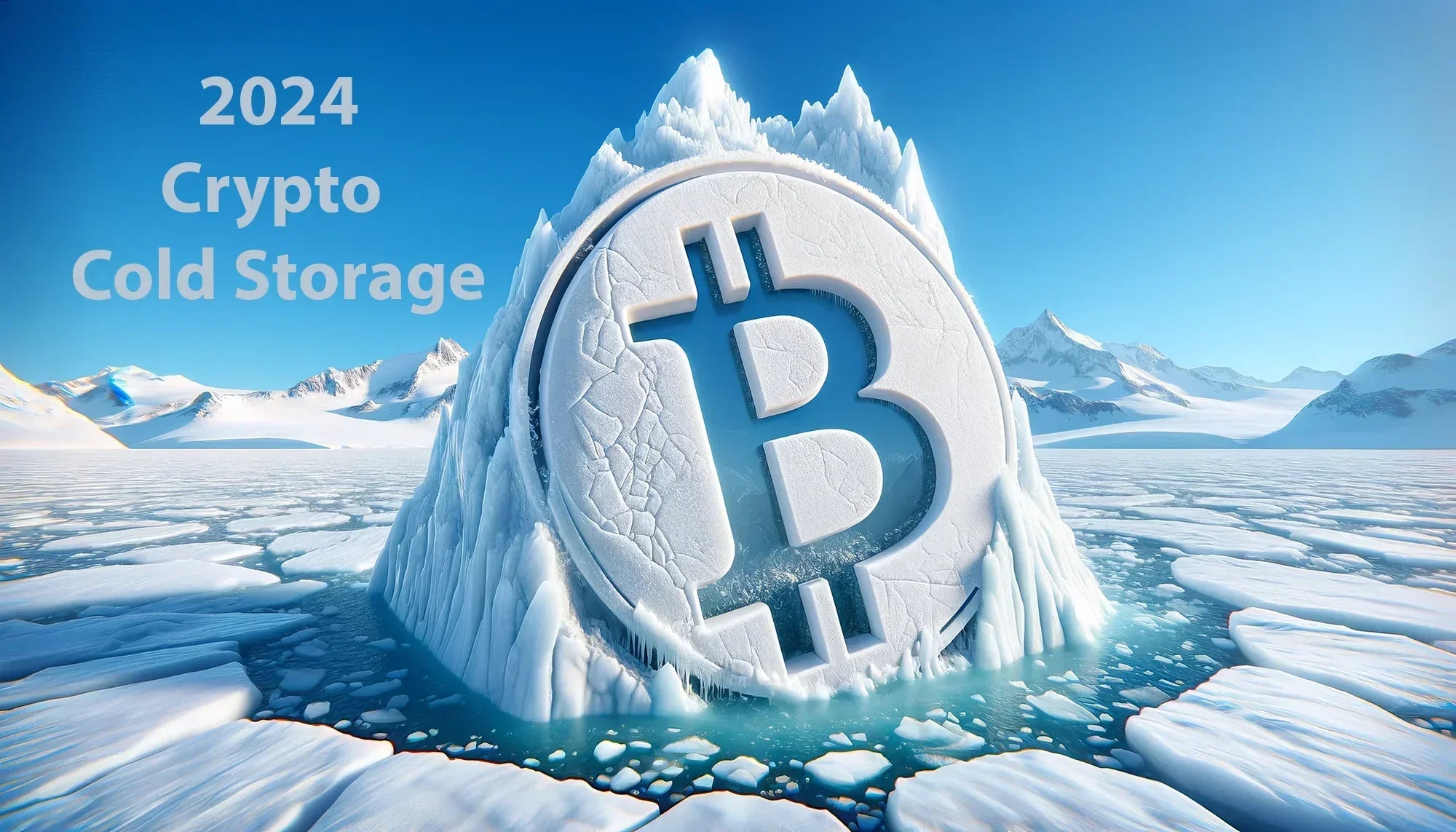 Icy land with ice and snow mountains in the background with bitcoin iceberg erupting from the ground.