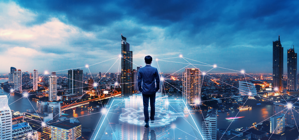 AI image of a man walking on a glass platform positioned above the skyline of a fake city.