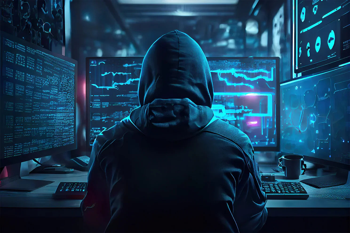 Hacker in a hoodie in the dark surrounded by blue lit computer screens.