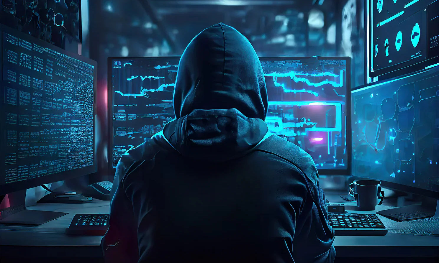 Hacker in a hoodie in the dark surrounded by blue lit computer screens.