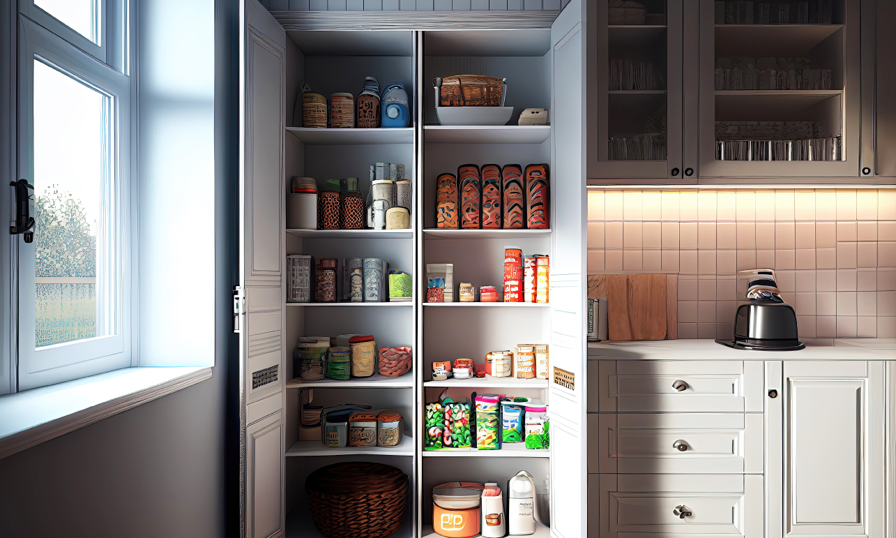Open pantry in a kitchen.