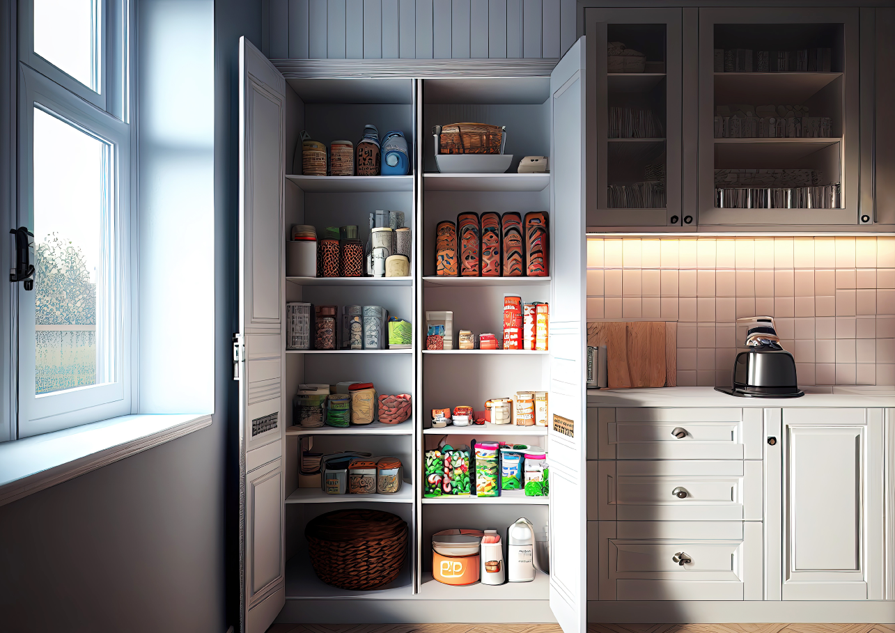 Open pantry in a kitchen.