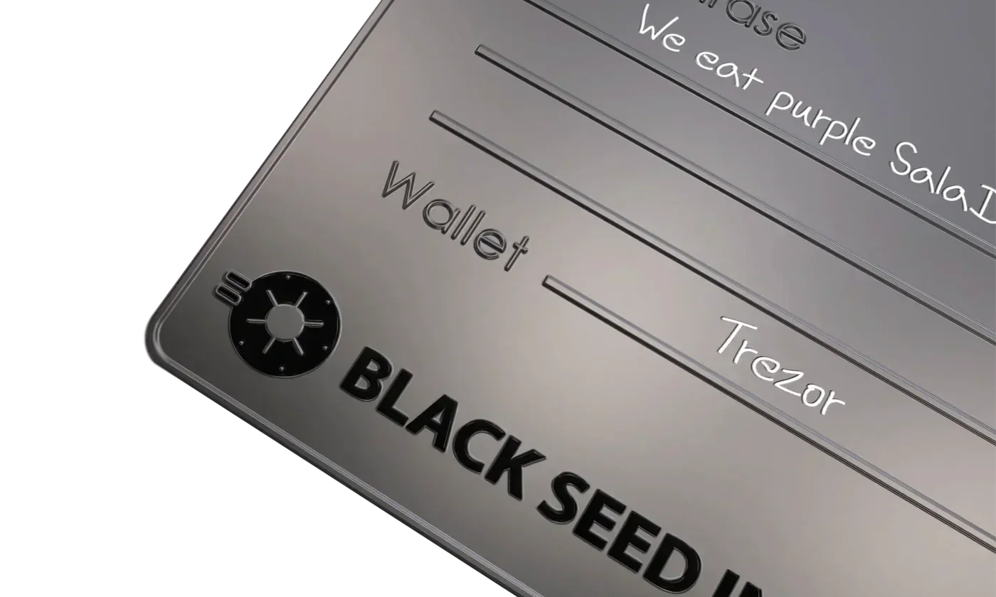 Passphrase steel wallet by Black Seed Ink