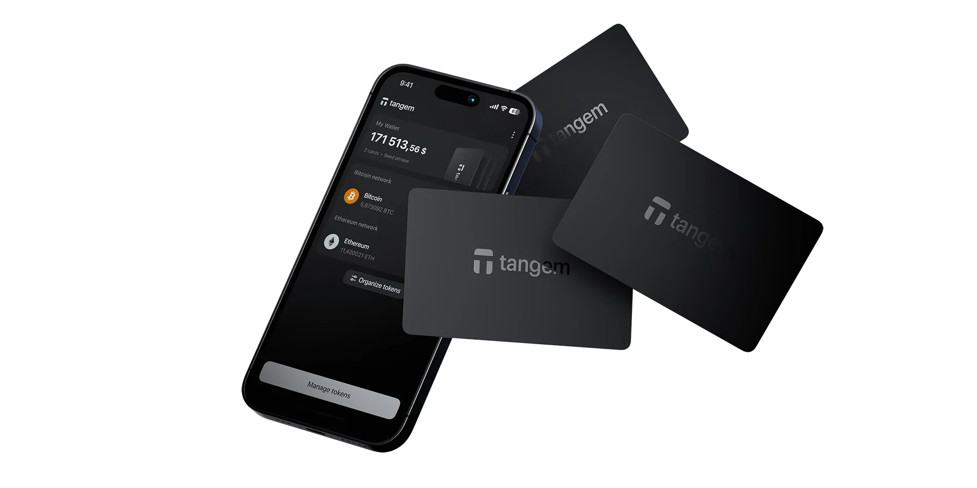 Three Tangem Hardware Wallets with smartphone