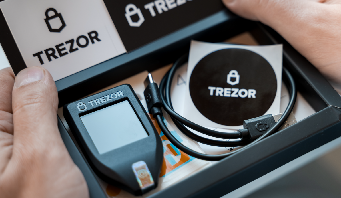 Trezor T hardware wallet and its packaging content.