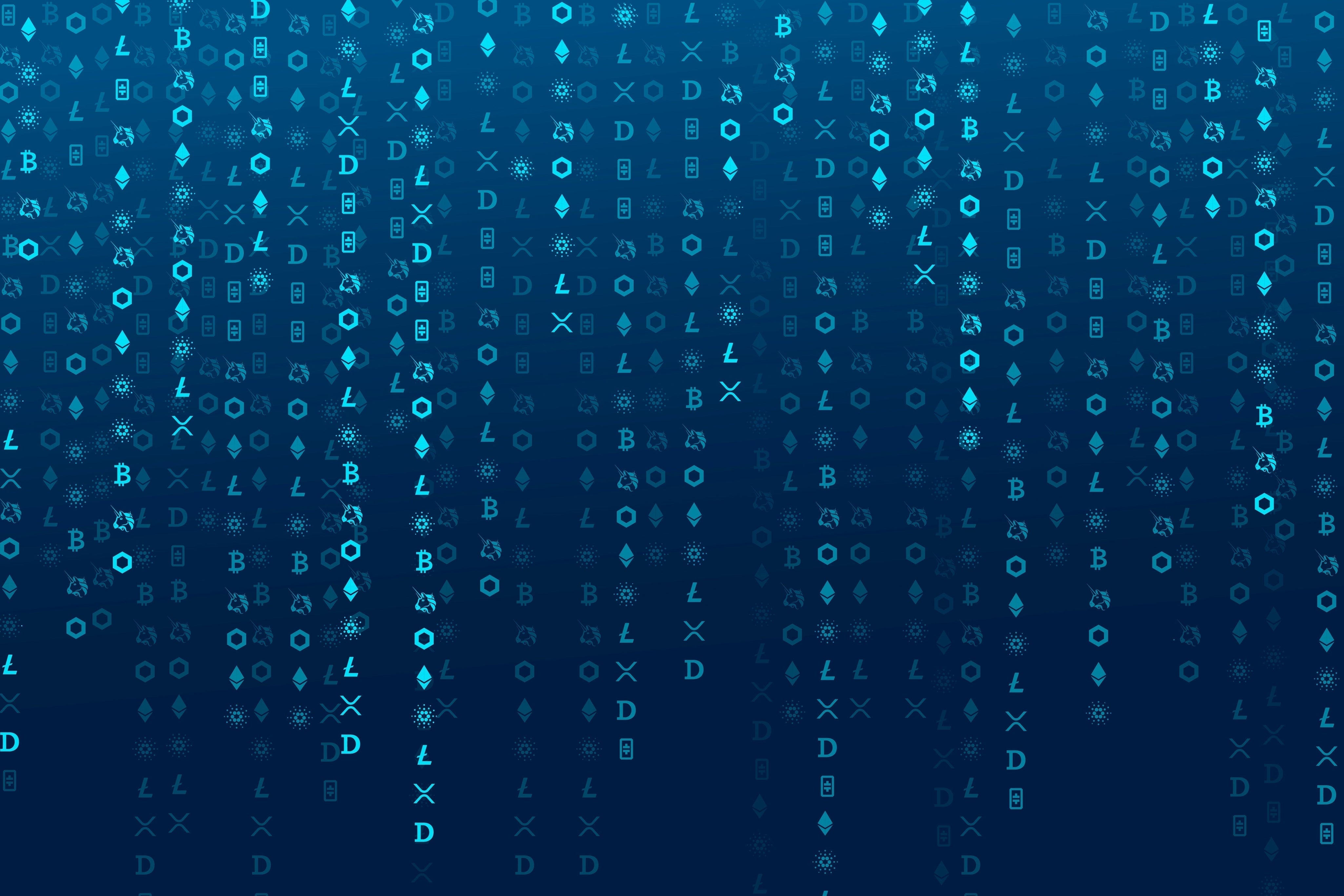 A blue panel dozens of streams made up of crypto symbols.