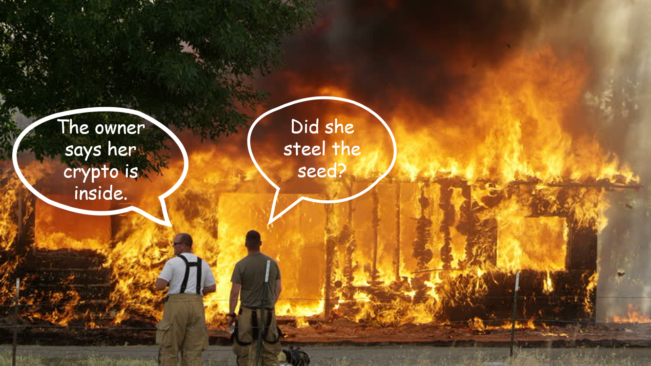 Two men standing in front of a home on fire.