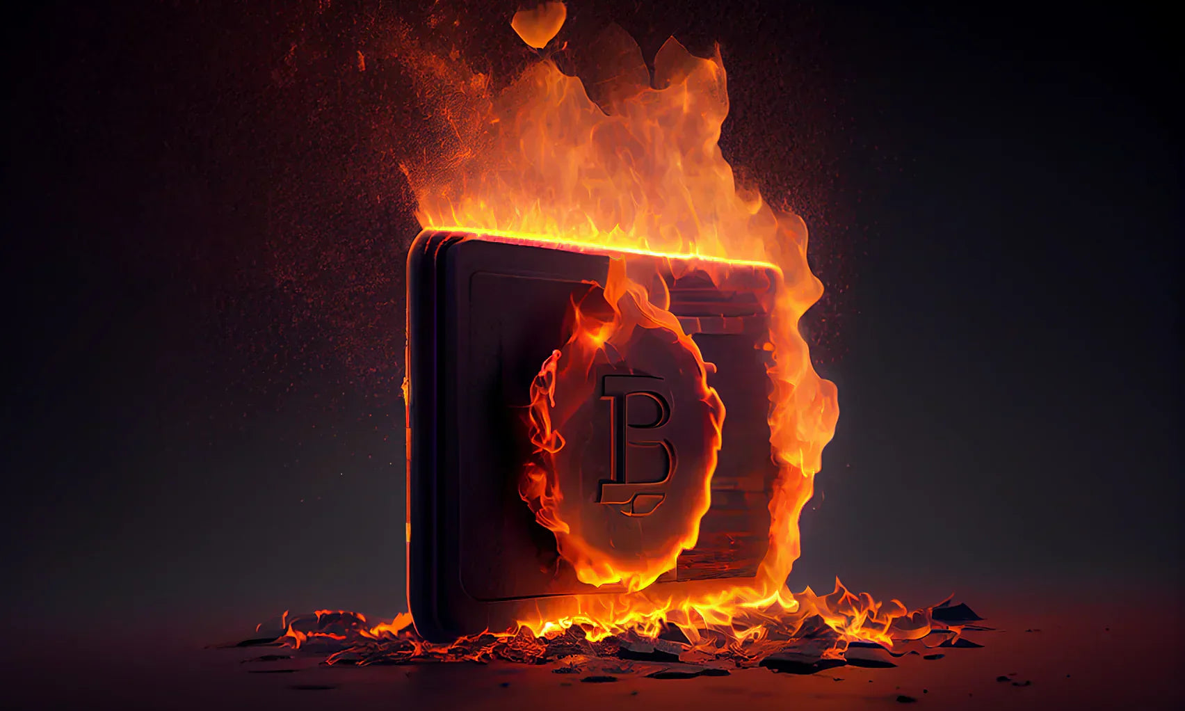 AI image of a wallet with a bitcoin symbol on fire.