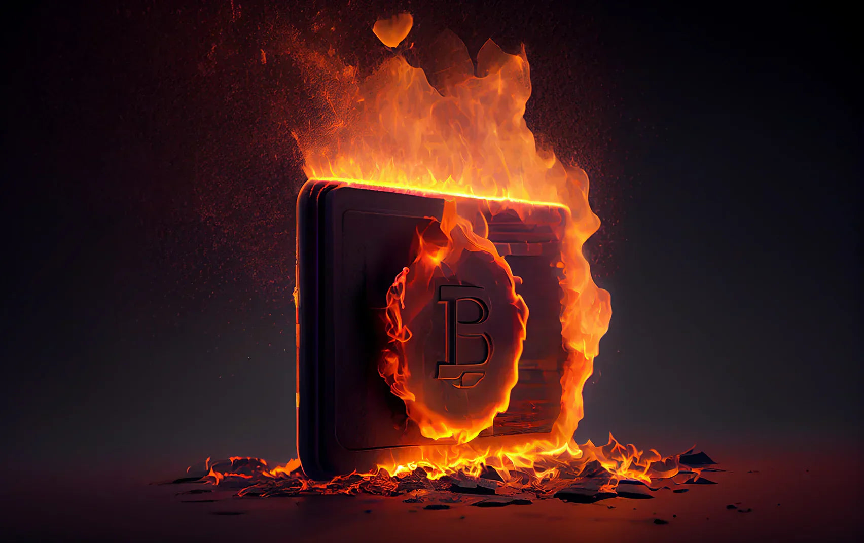 AI image of a wallet with a bitcoin symbol on fire.