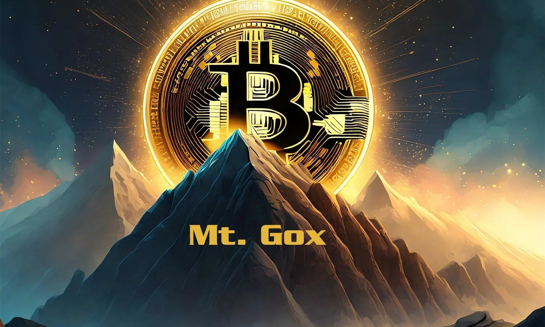 Large bitcoin shining above a mountain named Mt. Gox.