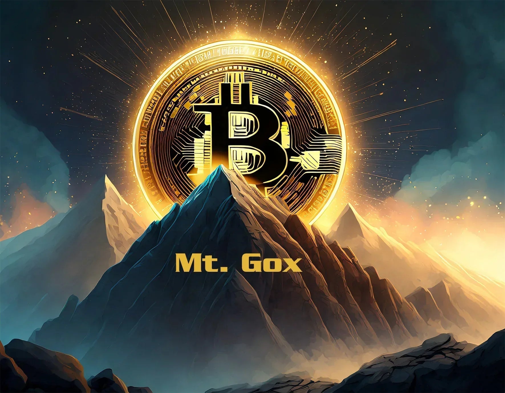 Large bitcoin shining above a mountain named Mt. Gox.