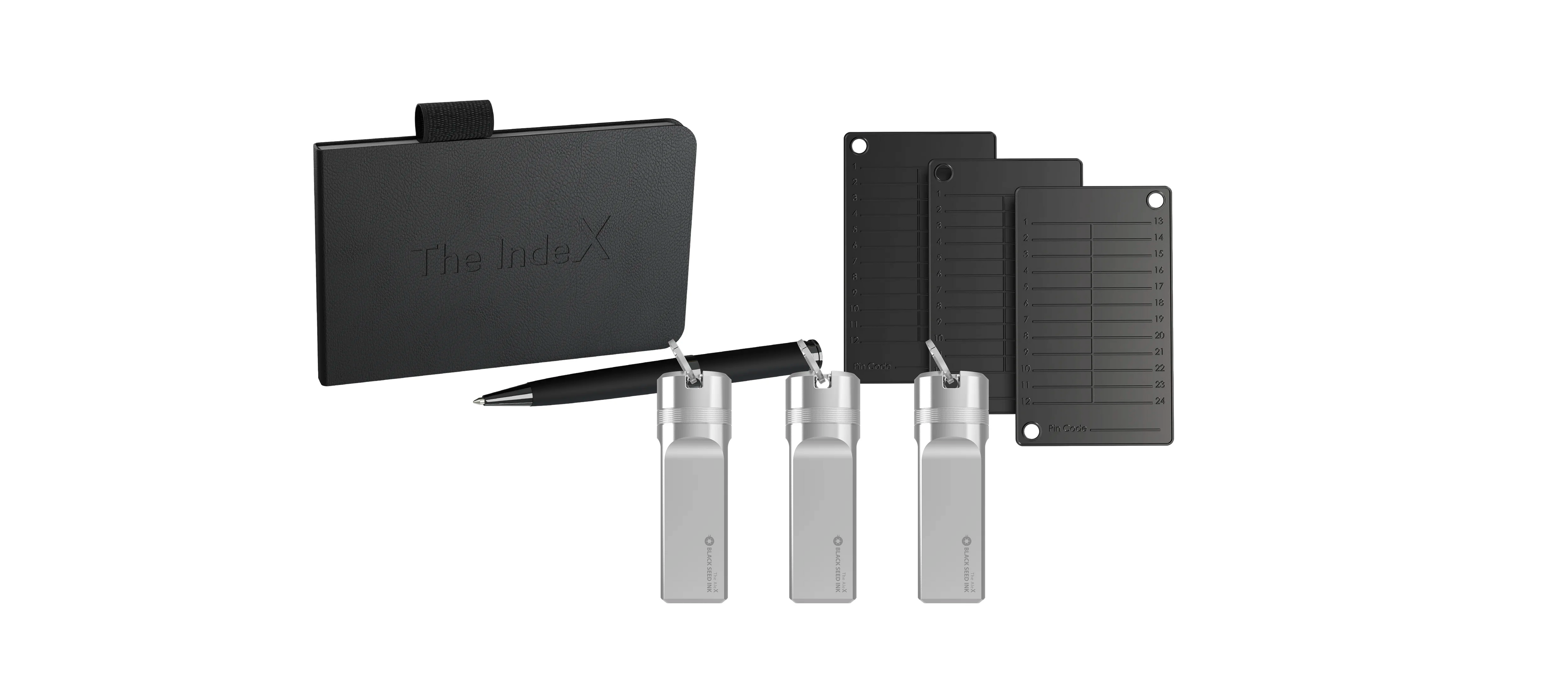 5th full: The IndeX with pen, three seed phrase plates, three of The AleX titanium capsules for Ledger Nano hardware wallets