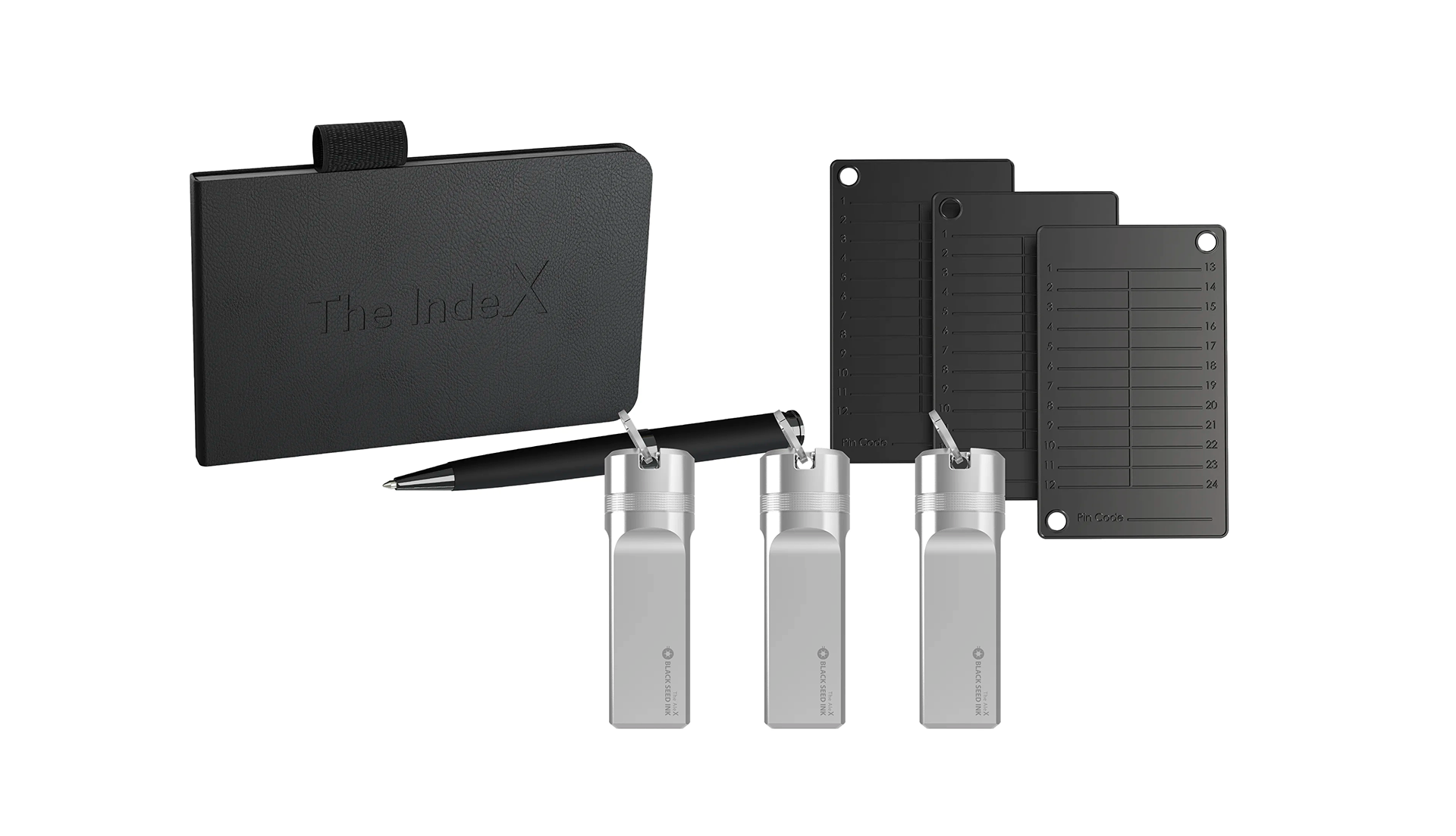 5th full: The IndeX with pen, three seed phrase plates, three of The AleX titanium capsules for Ledger Nano hardware wallets