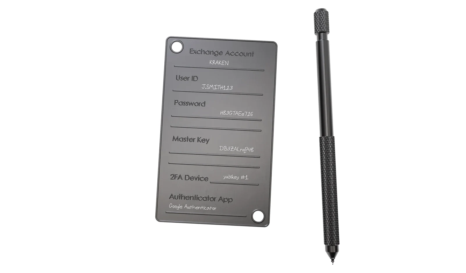 Steel cold wallet used to backup crypto exchange login data to secure from hacking