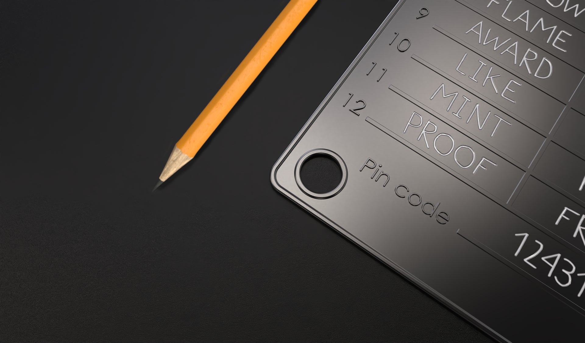 A seed phrase plate with a lead pencil to demonstrate how minimize etching mistakes