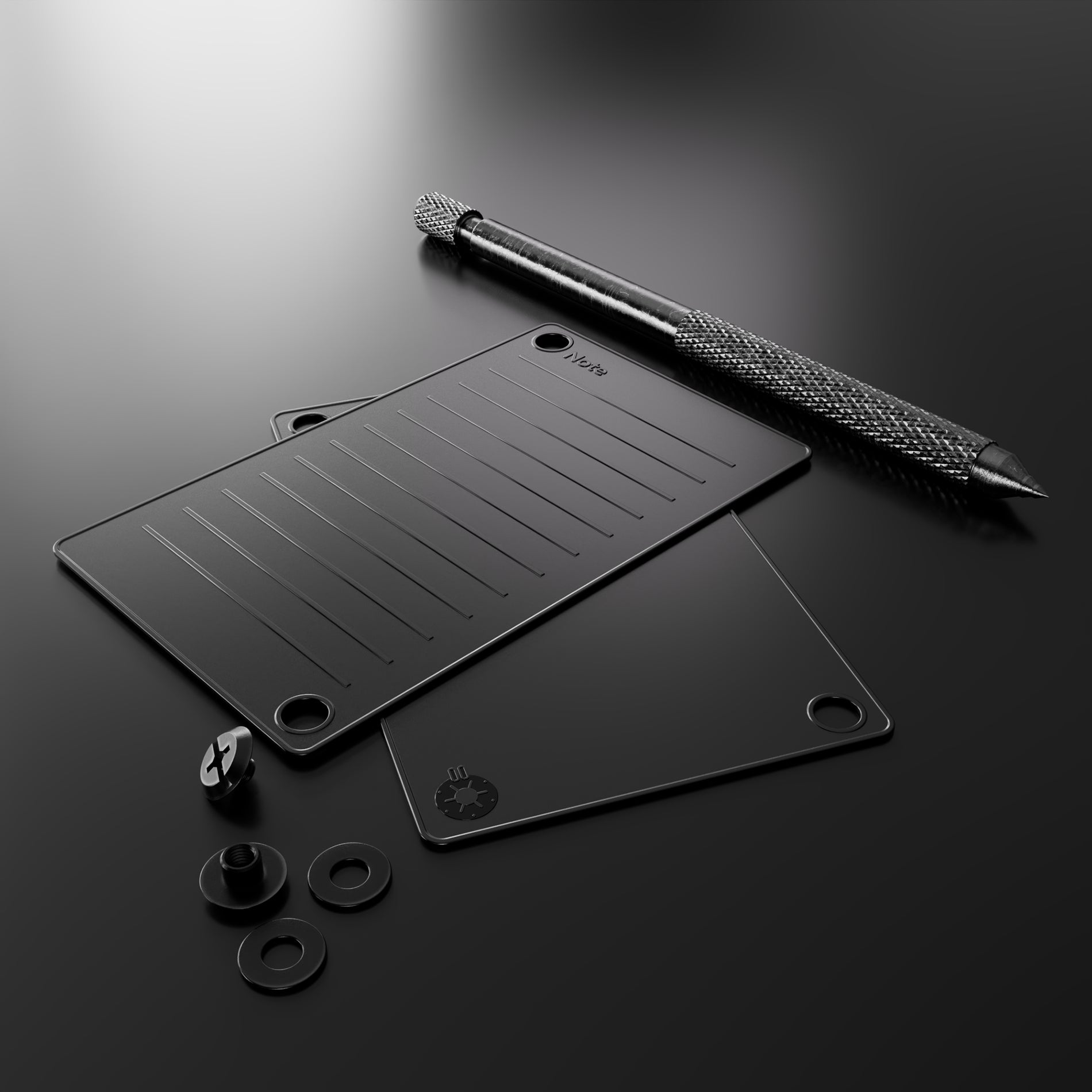 Steel black wallets with lines and the word note