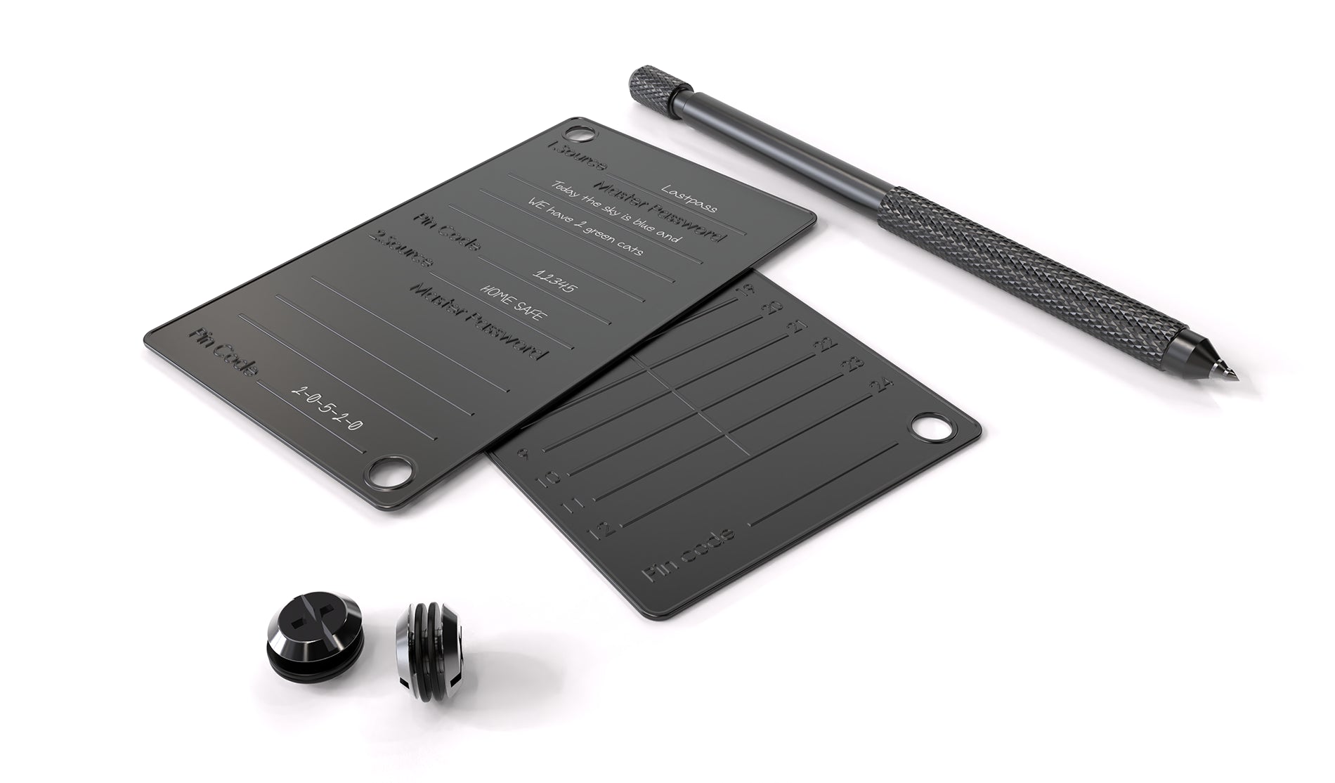 Two Black Seed Ink's master password wallet, screws and etching tool. One wallet shows etching, while the other wallet is blank