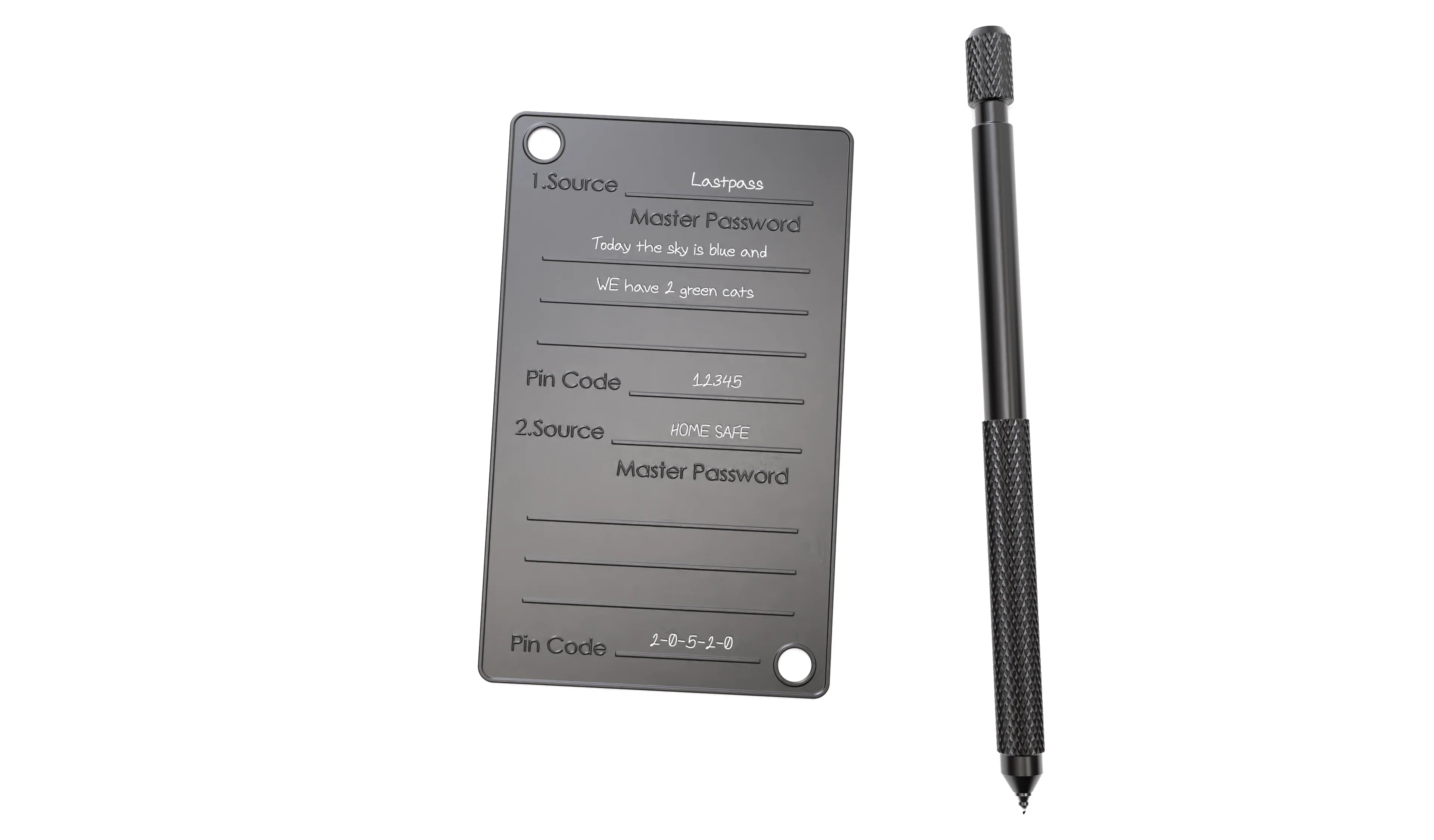 Master Password with etching displayed on steel plate with etching tool