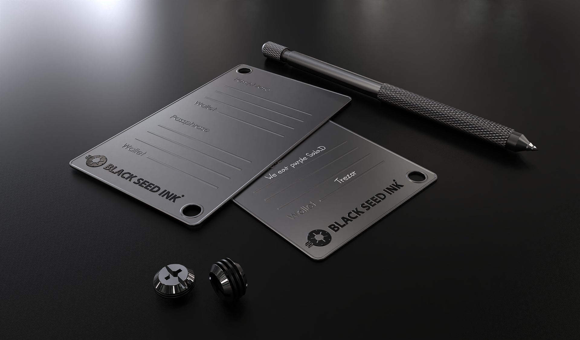 Two Passphrase Wallets, screws and scribe by Black Seed Ink
