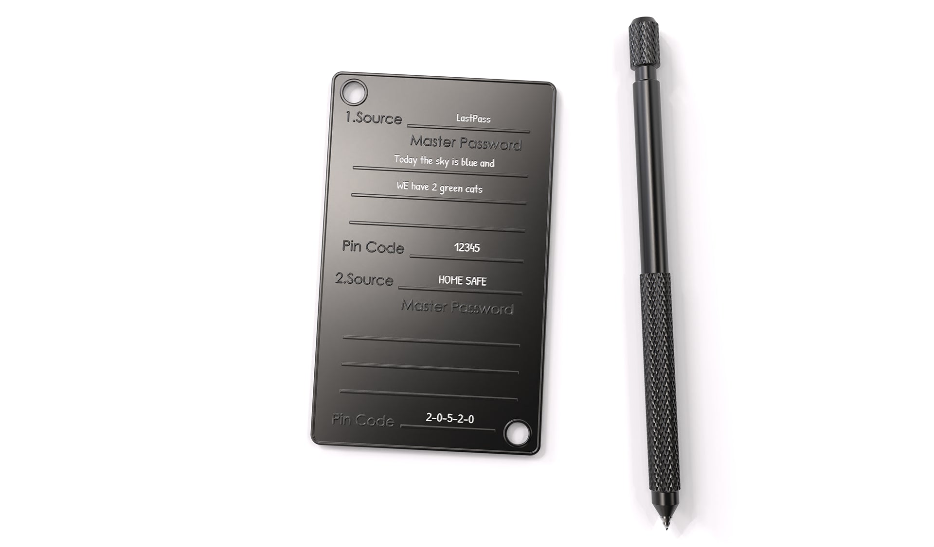 A Master Passphrase cold wallet by Black Seed Ink used to backup the master password for password keepers such as LastPass