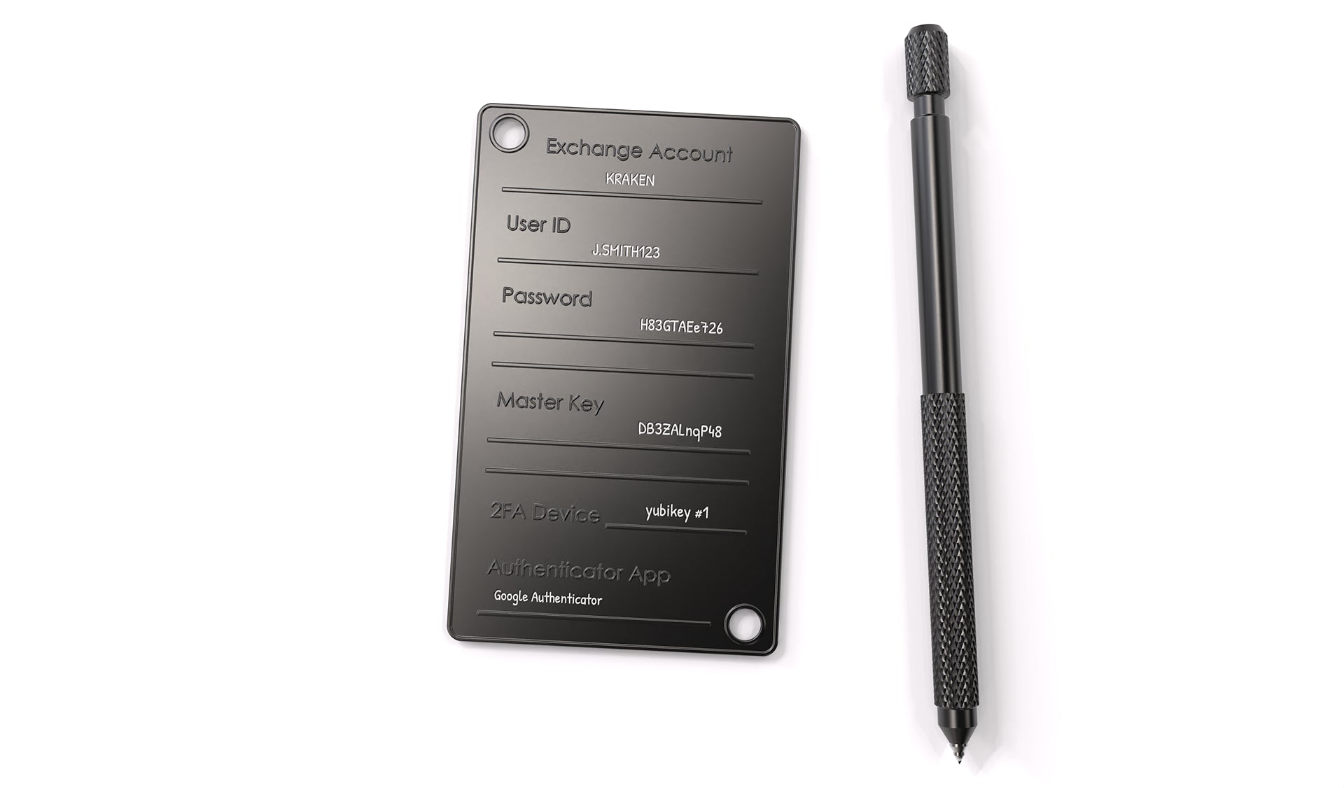 A Crypto Exchange Cold Wallet by Black Seed Ink used to backup login data for crypto exchanges