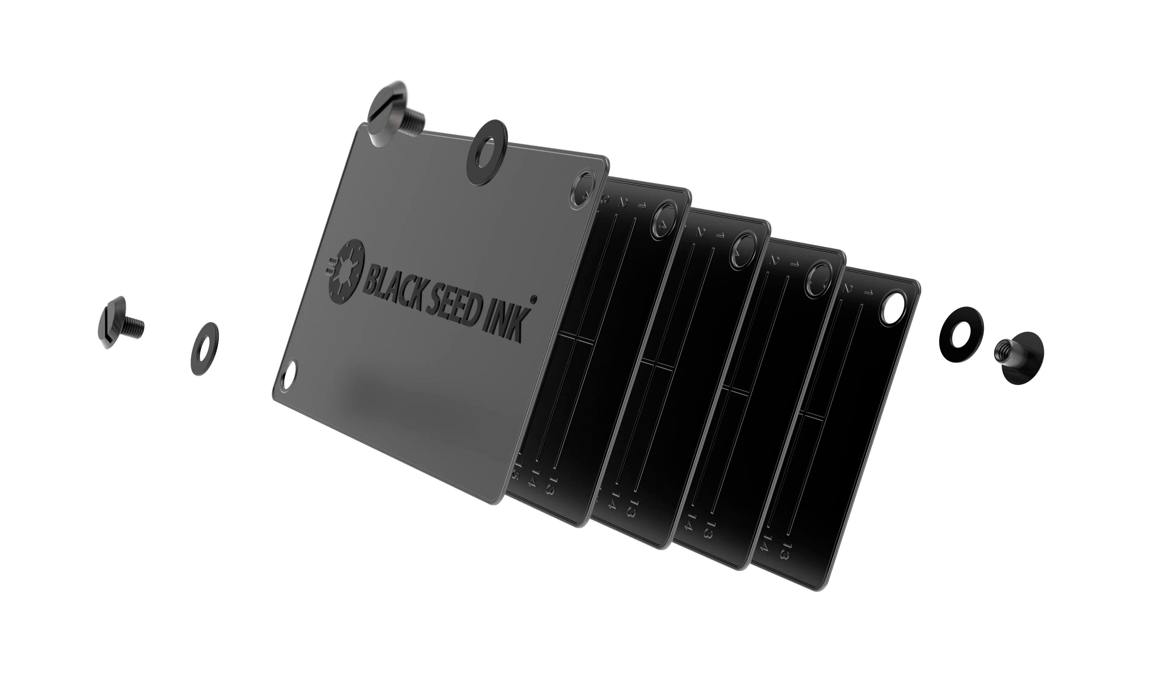 Stack of five seed wallets displayed in a preassembled step toward binding plates.
