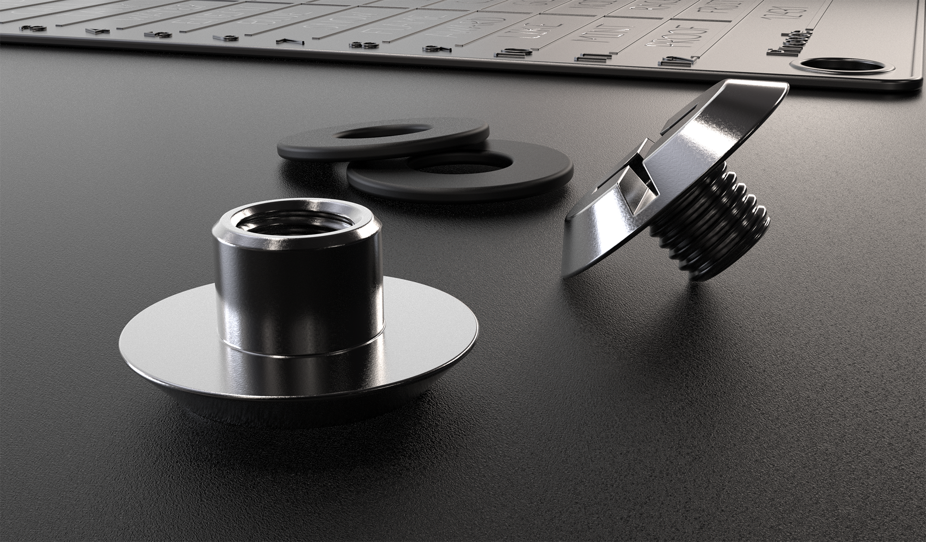 Close-up of a secure fastening system featuring two metal screw components, rubber washers, and a metal crypto backup plate in the background.