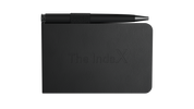 The IndeX notebook – a compact, black, leather-textured crypto storage book with an embossed title on the cover, featuring a black pen secured in the built-in elastic holder on top.