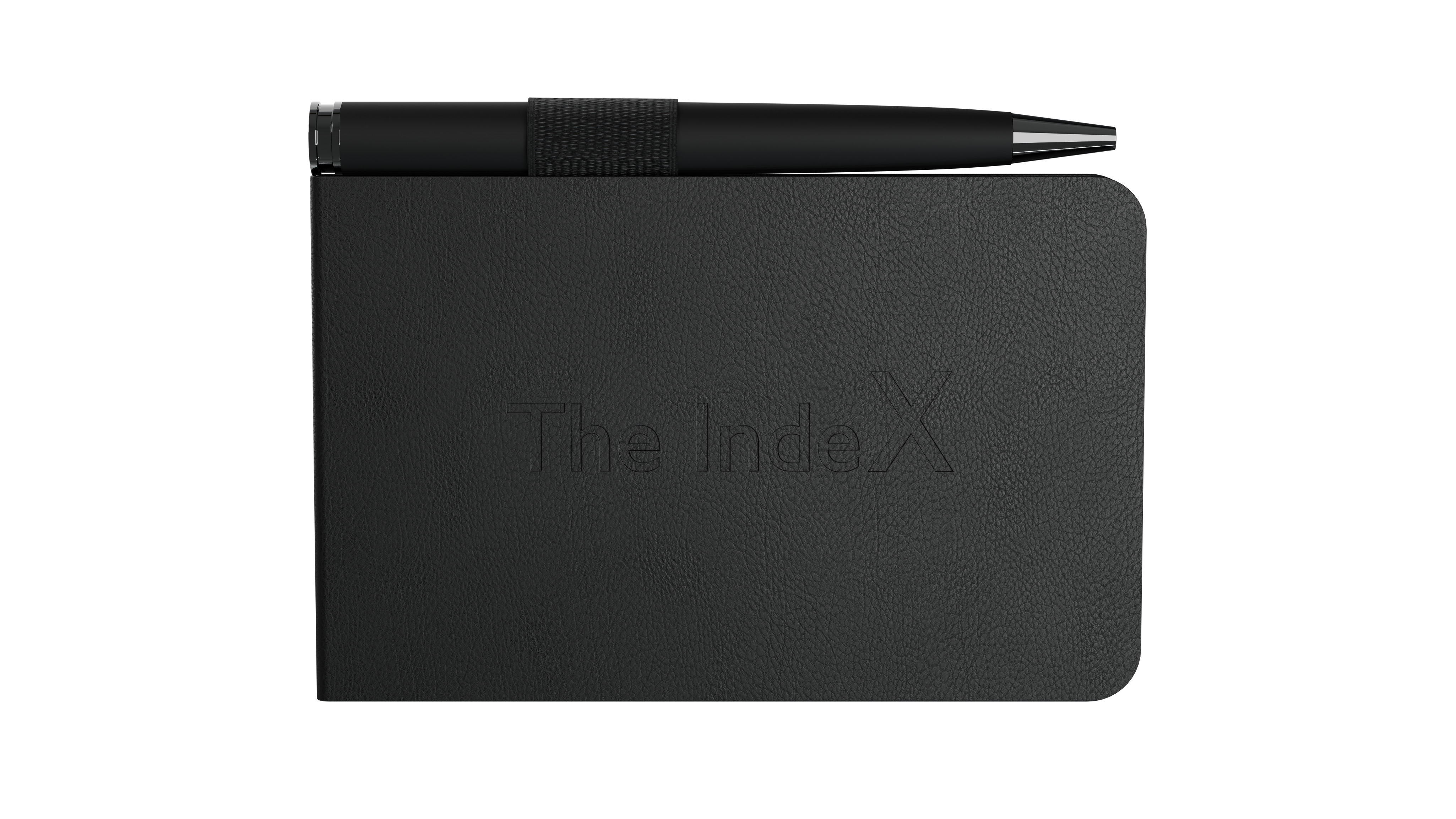 The IndeX notebook – a compact, black, leather-textured crypto storage book with an embossed title on the cover, featuring a black pen secured in the built-in elastic holder on top.