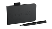 The IndeX notebook – a sleek, black leather-textured crypto storage book with an embossed title on the cover, accompanied by a matching black pen.