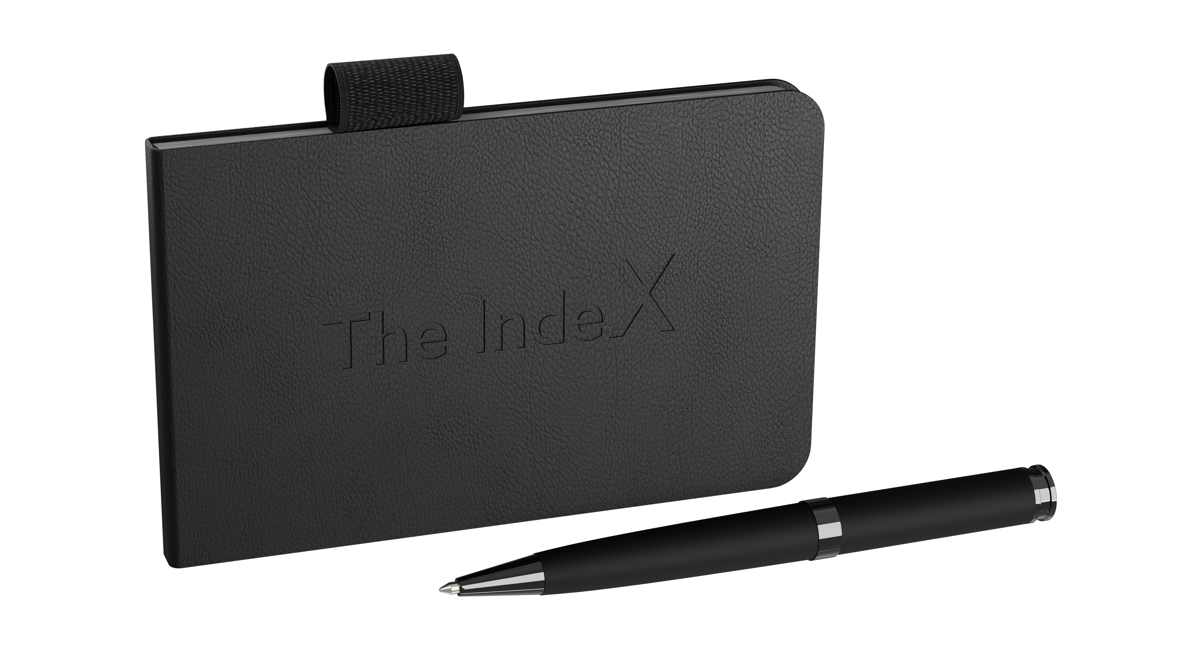 The IndeX notebook – a sleek, black leather-textured crypto storage book with an embossed title on the cover, accompanied by a matching black pen.