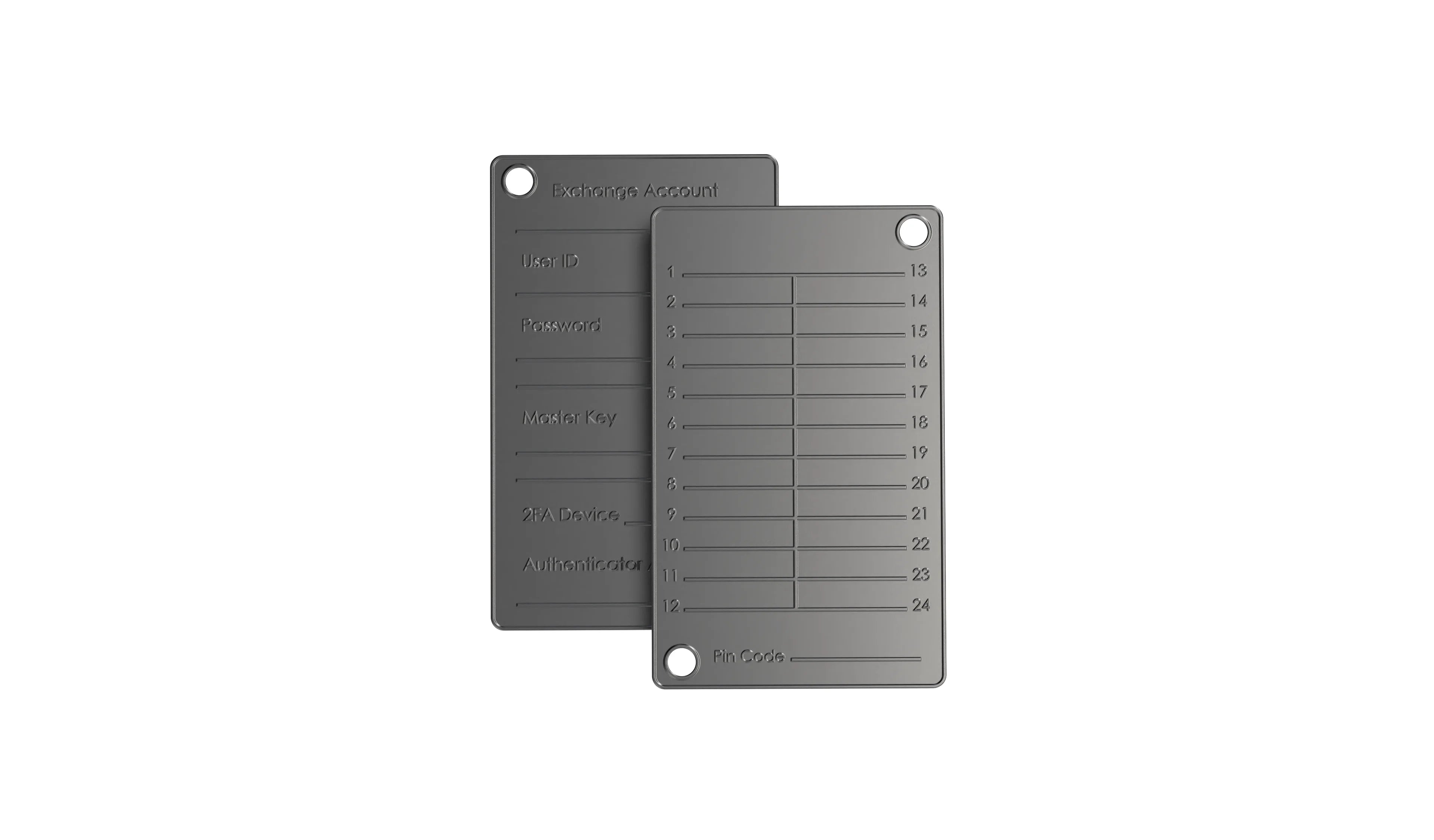 Two black metal crypto backup plates with engraved fields for Exchange Account details, including User ID, Password, Master Key, 2FA Device, and Authenticator App, designed for secure offline storage.