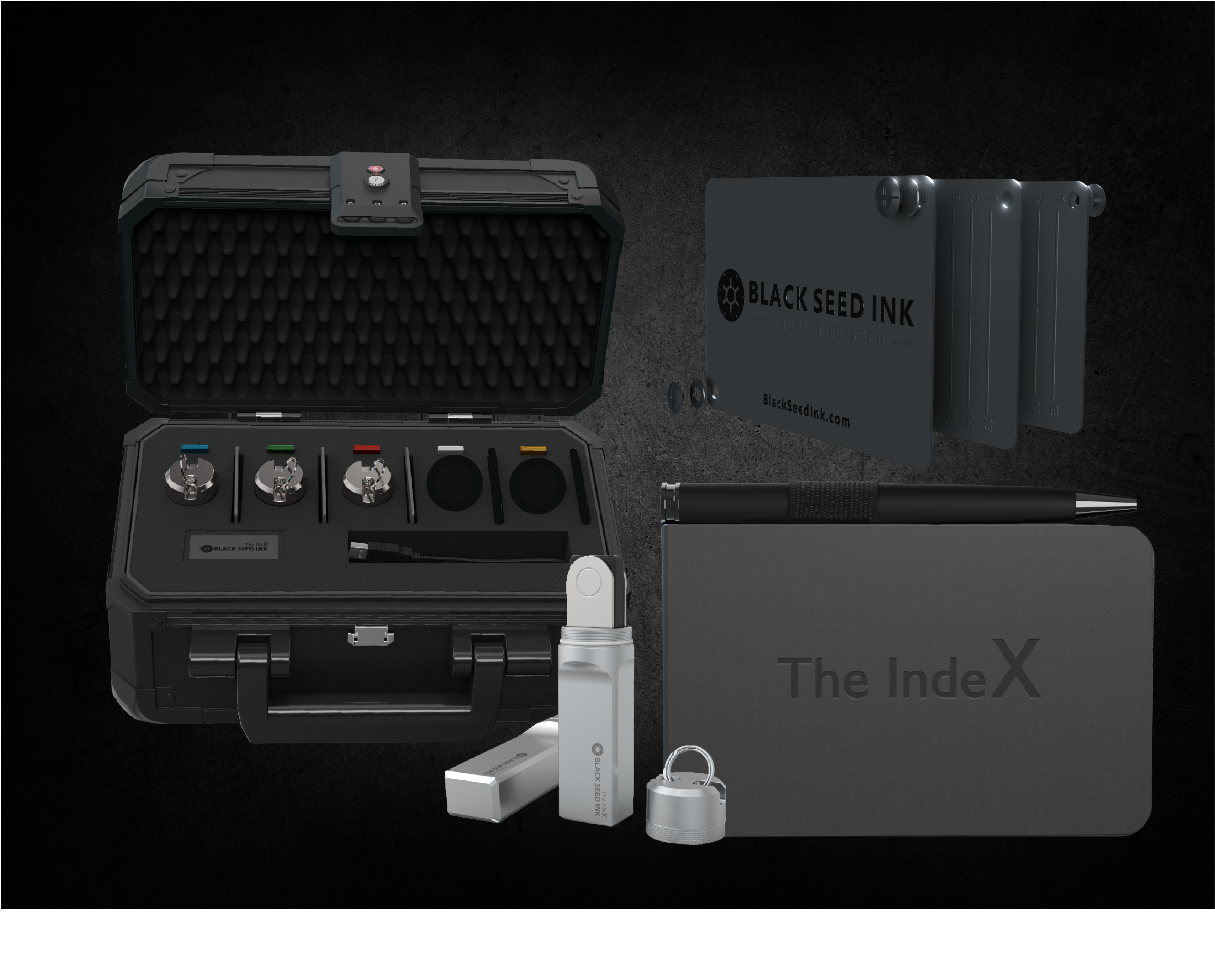 Black Seed Ink crypto security bundle, featuring a secure storage case with combination locks, metal seed phrase backup plates, The IndeX notebook, a black pen, and additional security accessories for protecting cryptocurrency assets.
