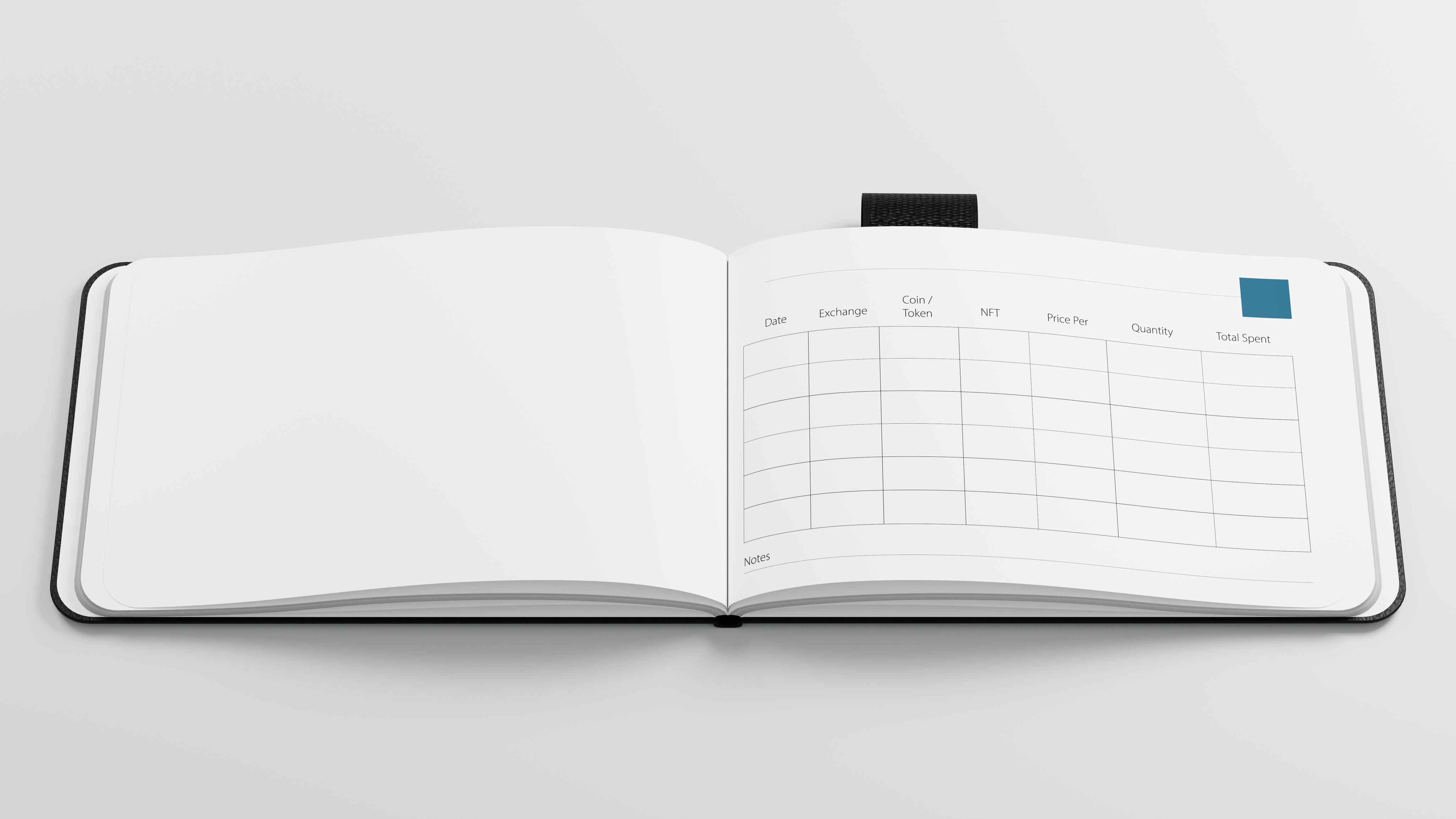 Open The IndeX notebook with designated sections for exchange account details, user IDs, passwords, master keys, 2FA devices, and a 24-word seed phrase table, designed for secure crypto storage.